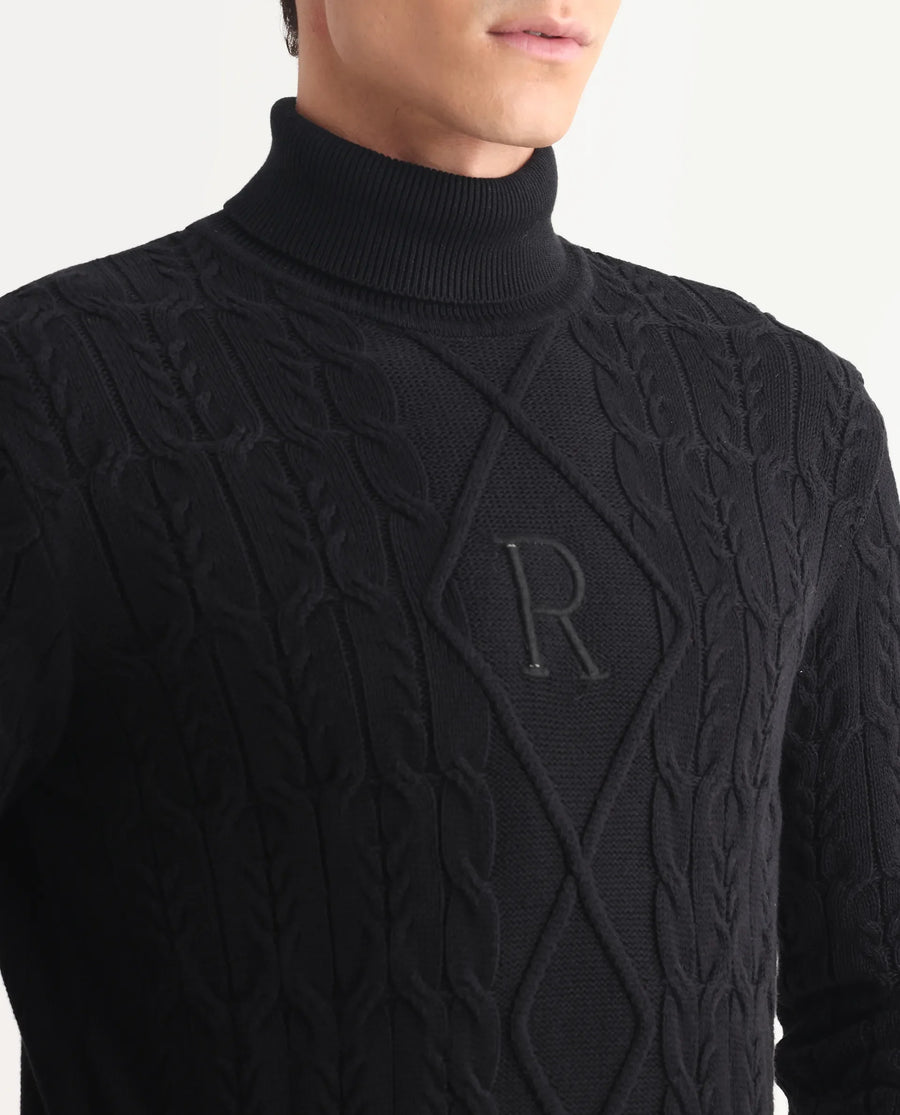 Rare Rabbit Men's Cong-1 Black Cotton Textured Regular Fit Full Sleeve Turtle Neck Sweater