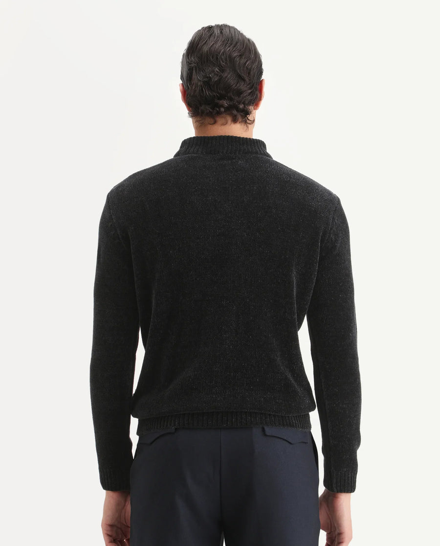 Rare Rabbit Men's Chens Black Chenille Textured Regular Fit Full Sleeve Crew Neck Sweater