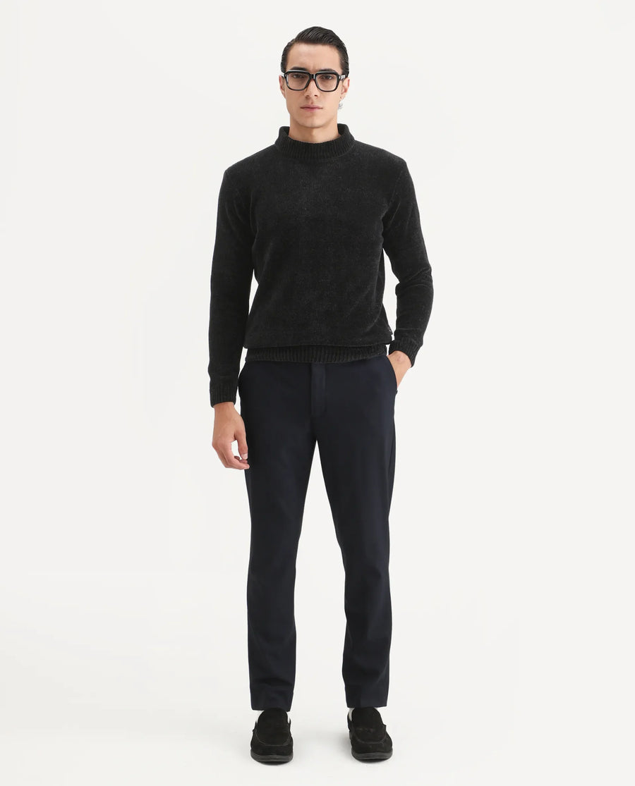 Rare Rabbit Men's Chens Black Chenille Textured Regular Fit Full Sleeve Crew Neck Sweater