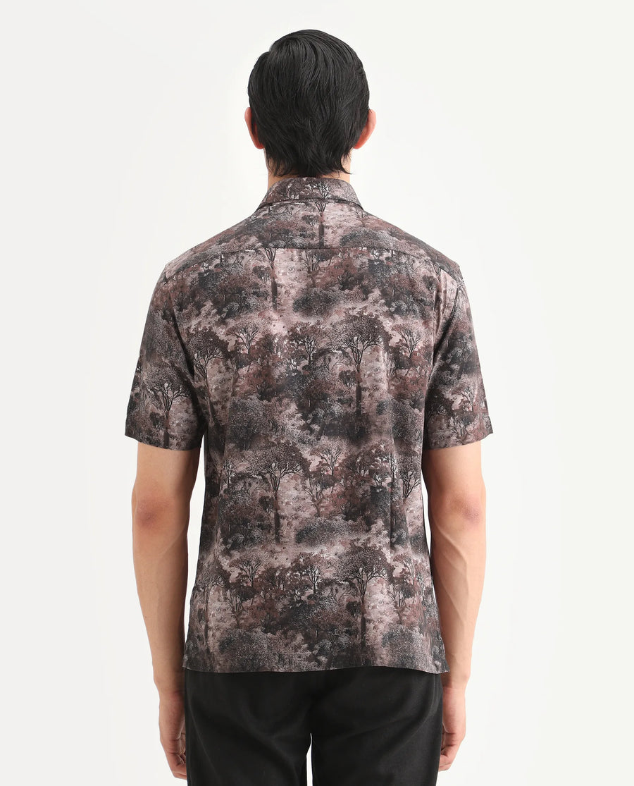 Rare Rabbit Men's Froe Light Brown Viscose Tropical Print Regular Fit Half Sleeve Collared Shirt