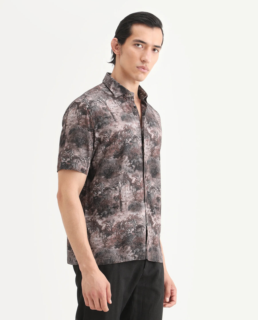 Rare Rabbit Men's Froe Light Brown Viscose Tropical Print Regular Fit Half Sleeve Collared Shirt