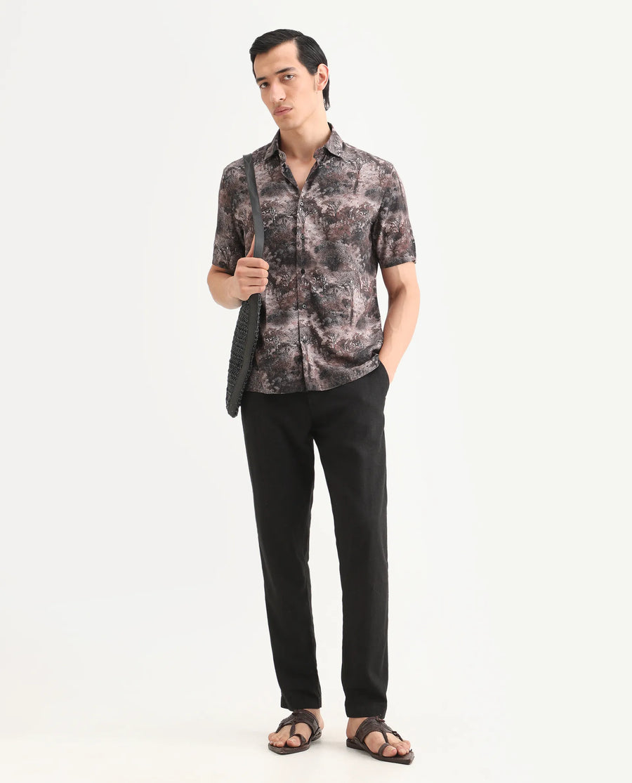 Rare Rabbit Men's Froe Light Brown Viscose Tropical Print Regular Fit Half Sleeve Collared Shirt