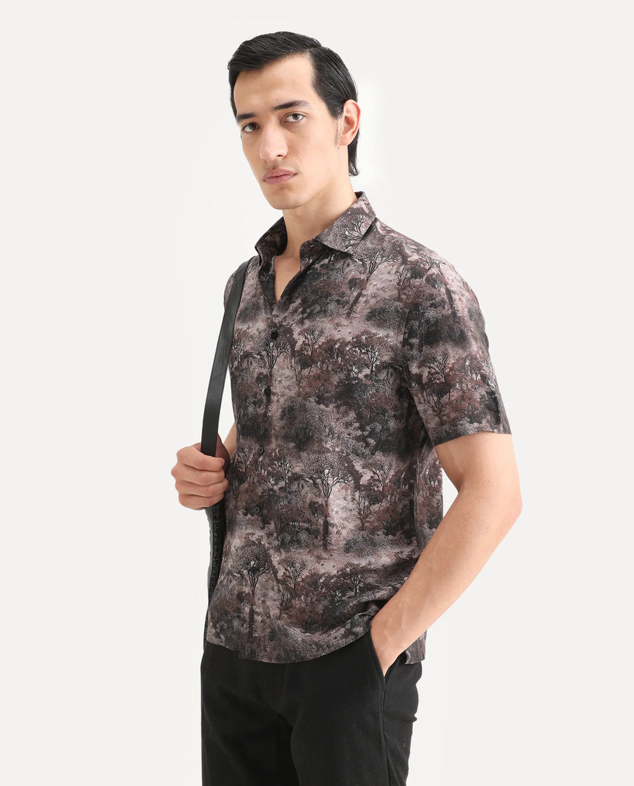 Rare Rabbit Men's Froe Light Brown Viscose Tropical Print Regular Fit Half Sleeve Collared Shirt