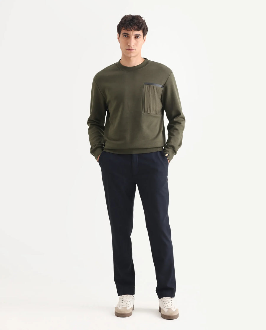 Rare Rabbit Men's Shaw Olive Cotton Plain Regular Fit Full Sleeve Crew Neck Sweatshirt
