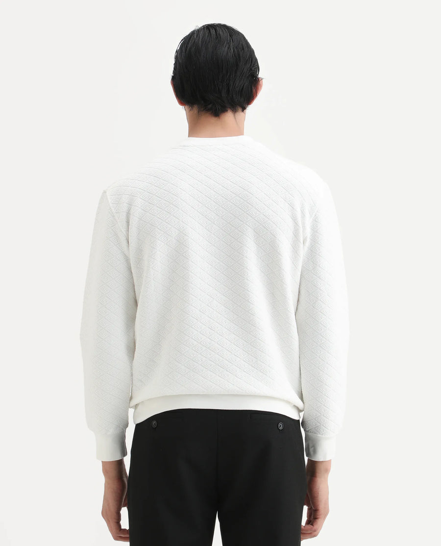Rare Rabbit Men's Sheild-2 White Textured Regular Fit Full Sleeve Crew Neck Sweatshirt