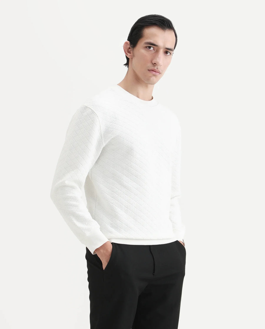 Rare Rabbit Men's Sheild-2 White Textured Regular Fit Full Sleeve Crew Neck Sweatshirt