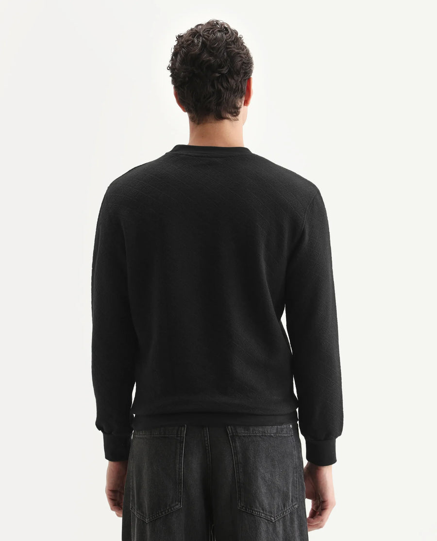 Rare Rabbit Men's Sheild-2 Black Cotton Blend Textured Regular Fit Full Sleeve Crew Neck Sweatshirt