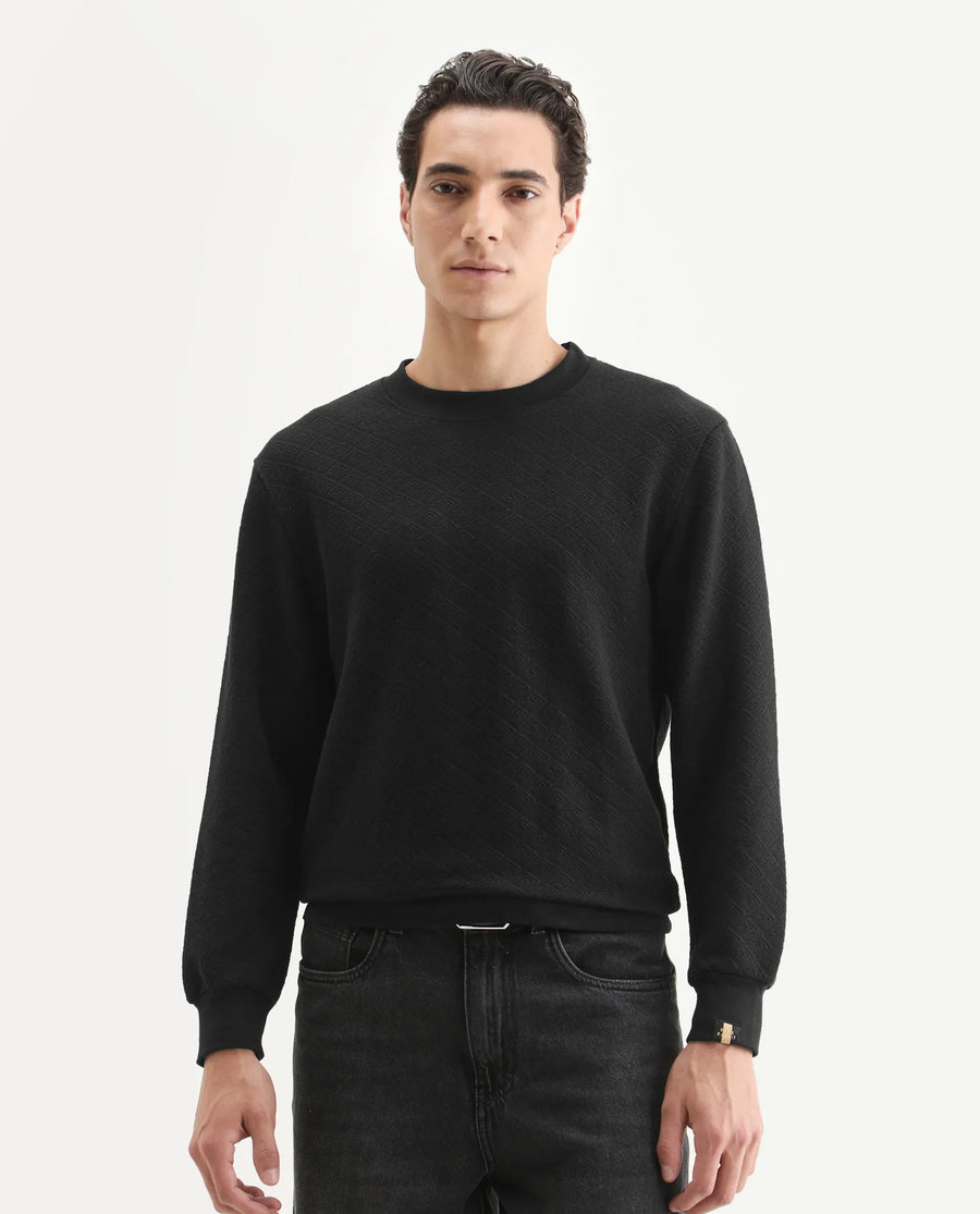 Rare Rabbit Men's Sheild-2 Black Cotton Blend Textured Regular Fit Full Sleeve Crew Neck Sweatshirt