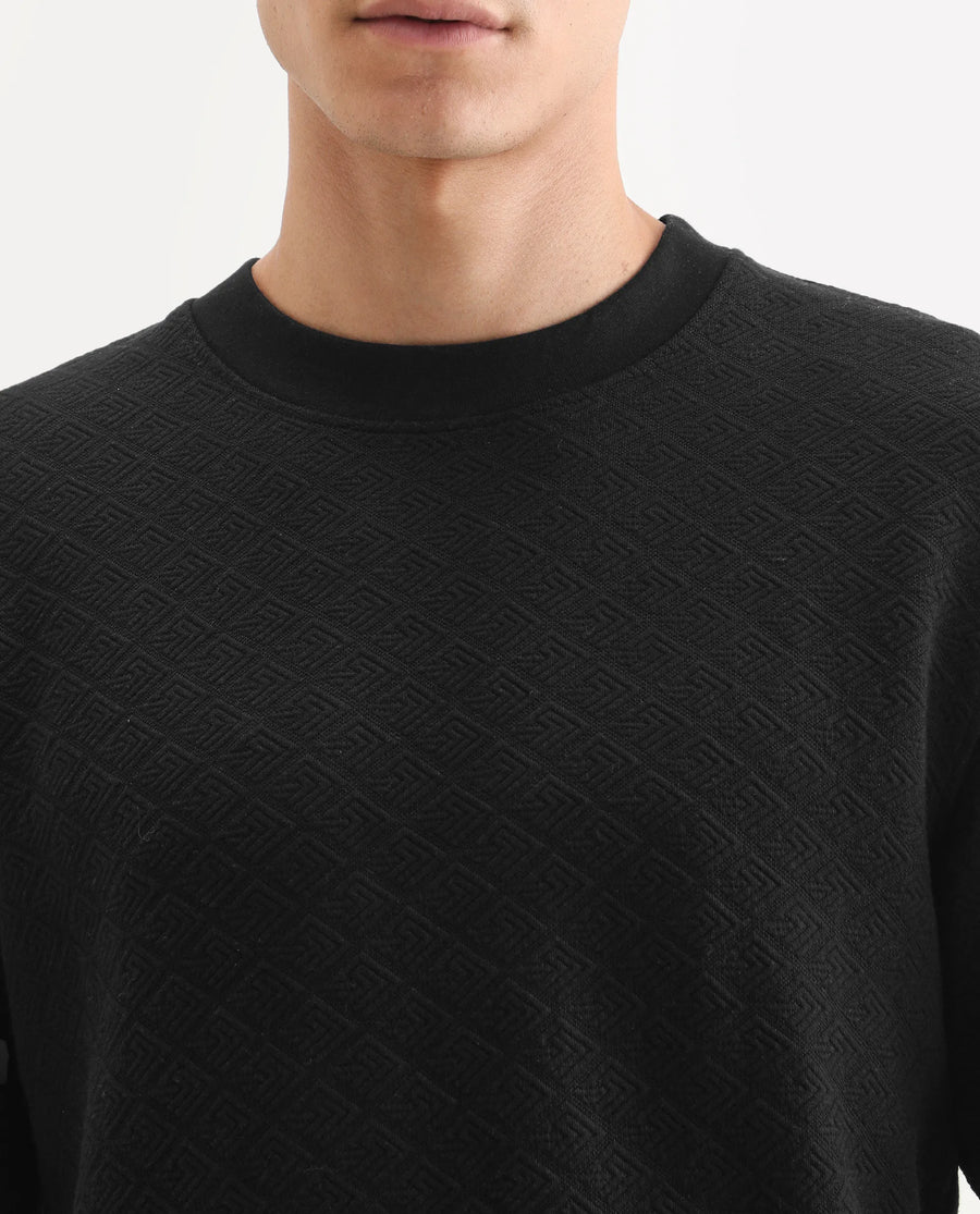 Rare Rabbit Men's Sheild-2 Black Cotton Blend Textured Regular Fit Full Sleeve Crew Neck Sweatshirt