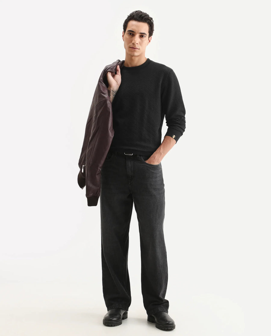 Rare Rabbit Men's Sheild-2 Black Cotton Blend Textured Regular Fit Full Sleeve Crew Neck Sweatshirt
