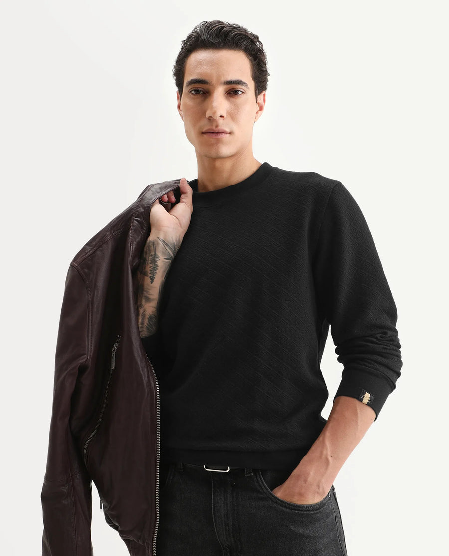 Rare Rabbit Men's Sheild-2 Black Cotton Blend Textured Regular Fit Full Sleeve Crew Neck Sweatshirt