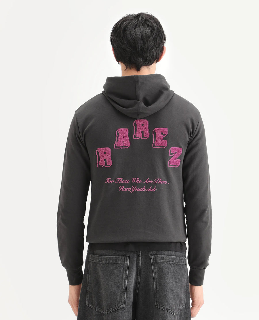 Rare Rabbit Men's Kany-1 Dark Grey Cotton Graphic Print Regular Fit Full Sleeve Hooded Sweatshirt