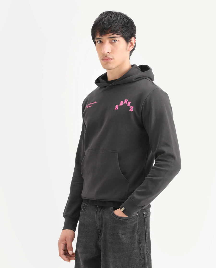 Rare Rabbit Men's Kany-1 Dark Grey Cotton Graphic Print Regular Fit Full Sleeve Hooded Sweatshirt