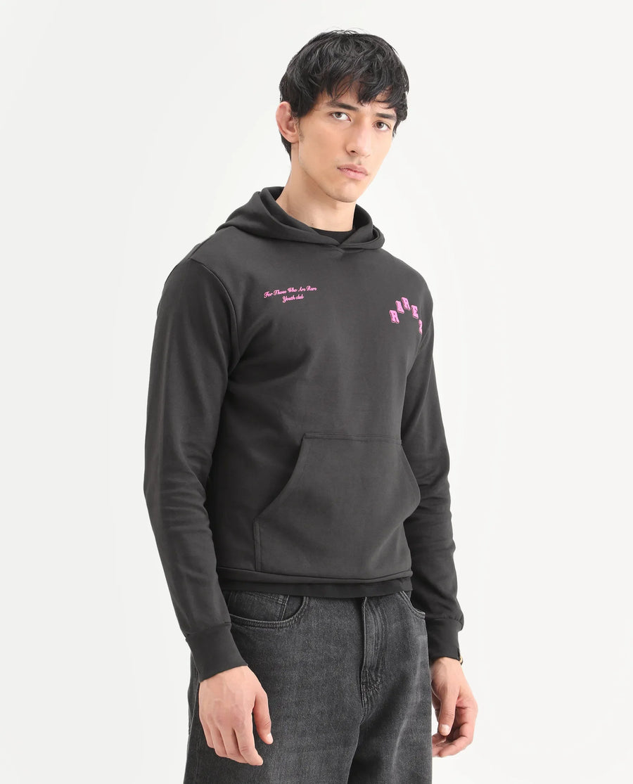 Rare Rabbit Men's Kany-1 Dark Grey Cotton Graphic Print Regular Fit Full Sleeve Hooded Sweatshirt