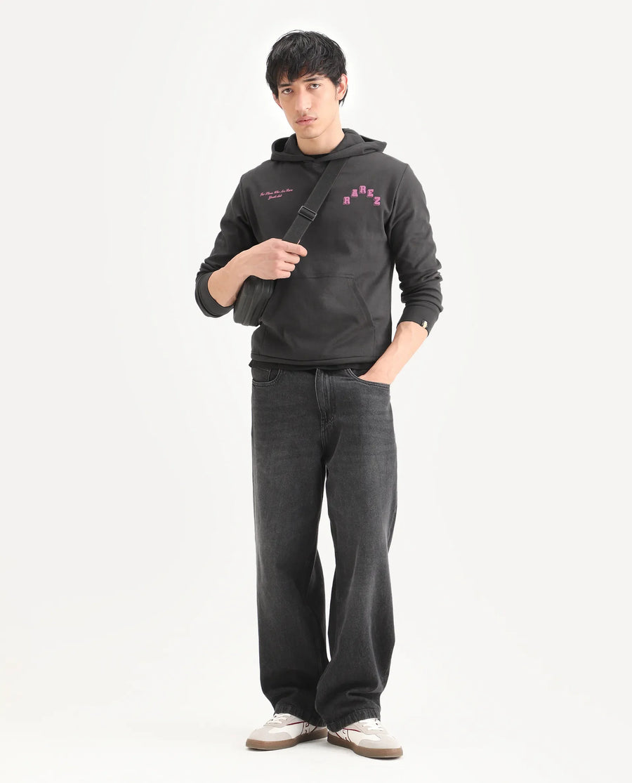 Rare Rabbit Men's Kany-1 Dark Grey Cotton Graphic Print Regular Fit Full Sleeve Hooded Sweatshirt