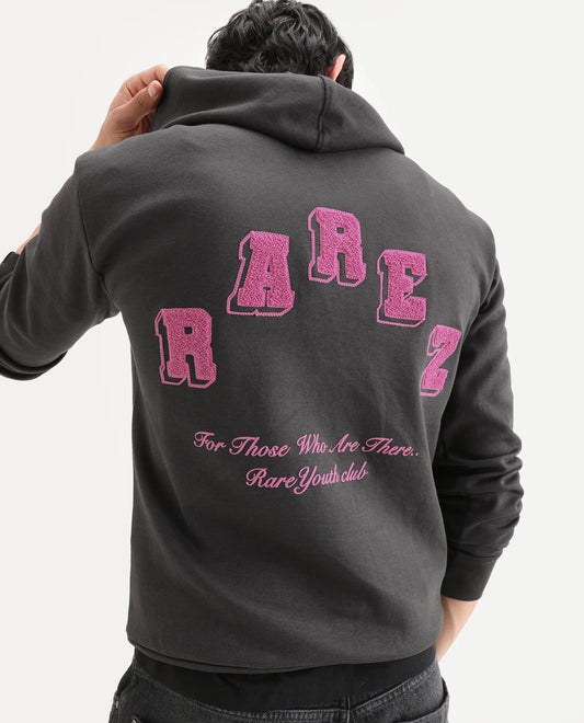 Rare Rabbit Men's Kany-1 Dark Grey Cotton Graphic Print Regular Fit Full Sleeve Hooded Sweatshirt
