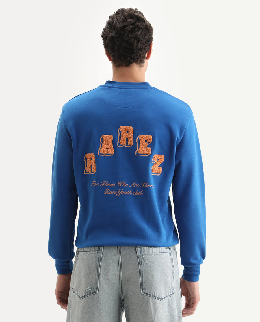 Rare Rabbit Men's Kany-2 Blue Cotton Embroidered Regular Fit Full Sleeve Crew Neck Sweatshirt