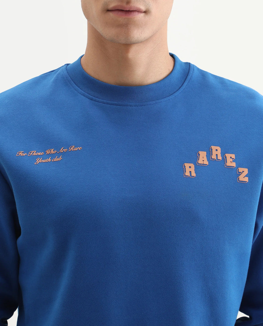 Rare Rabbit Men's Kany-2 Blue Cotton Embroidered Regular Fit Full Sleeve Crew Neck Sweatshirt