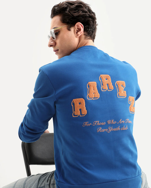 Rare Rabbit Men's Kany-2 Blue Cotton Embroidered Regular Fit Full Sleeve Crew Neck Sweatshirt