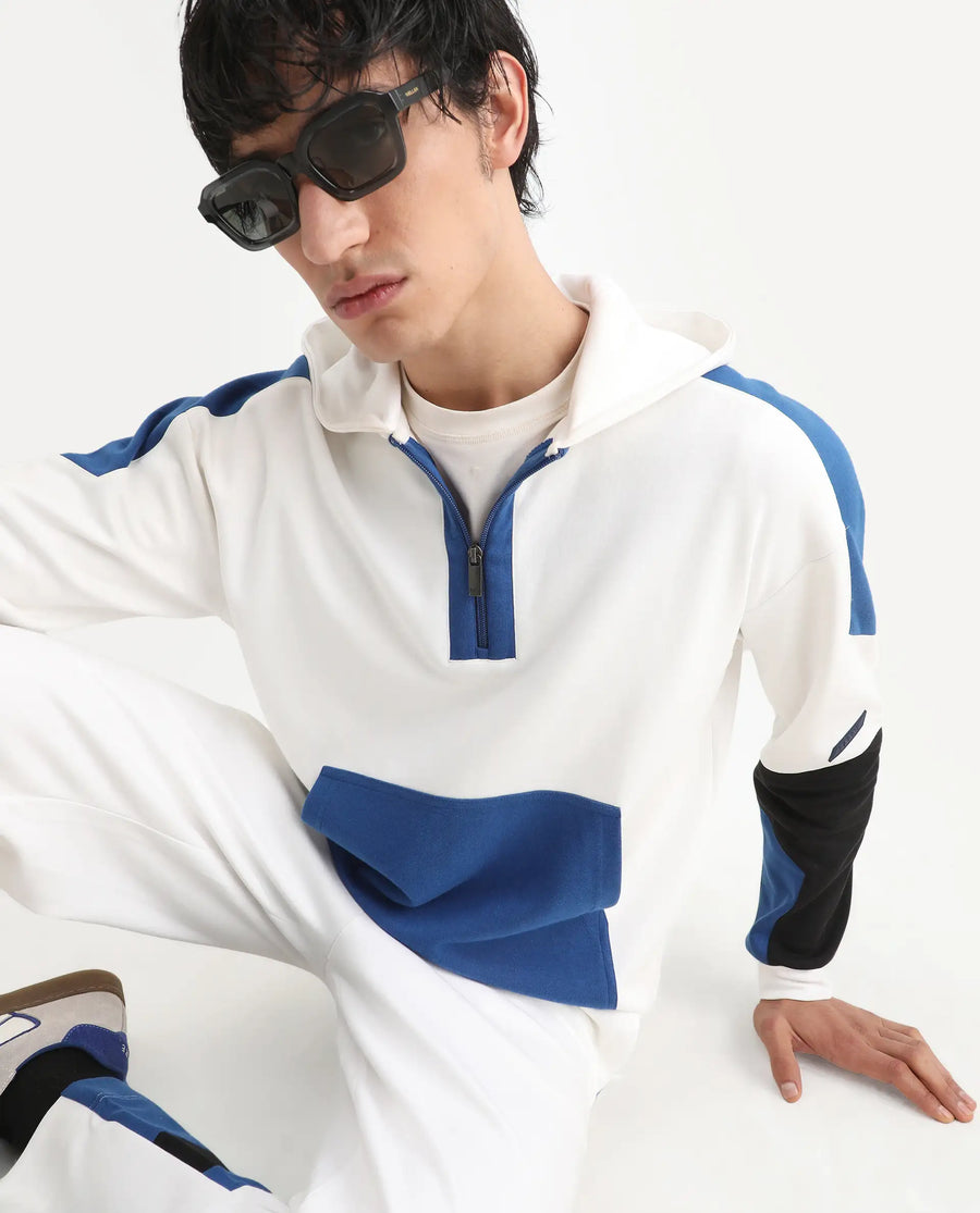 Rare Rabbit Men's Armo-2 White Cotton Ombre Regular Fit Full Sleeve Hooded Sweatshirt