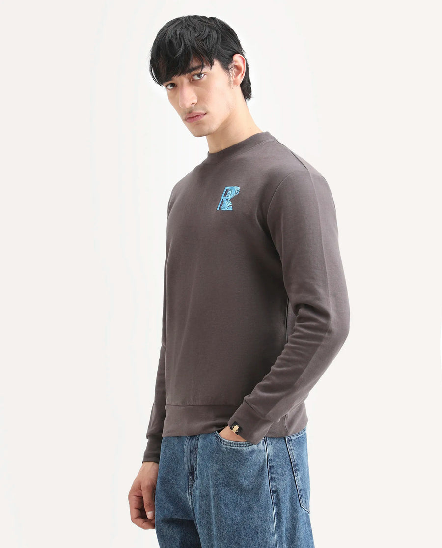 Rare Rabbit Men's Bay Dark Grey Cotton Graphic Print Regular Fit Full Sleeve Crew Neck Sweatshirt