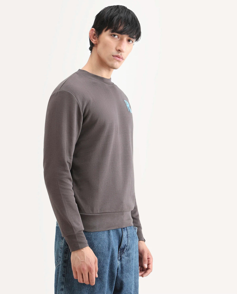Rare Rabbit Men's Bay Dark Grey Cotton Graphic Print Regular Fit Full Sleeve Crew Neck Sweatshirt