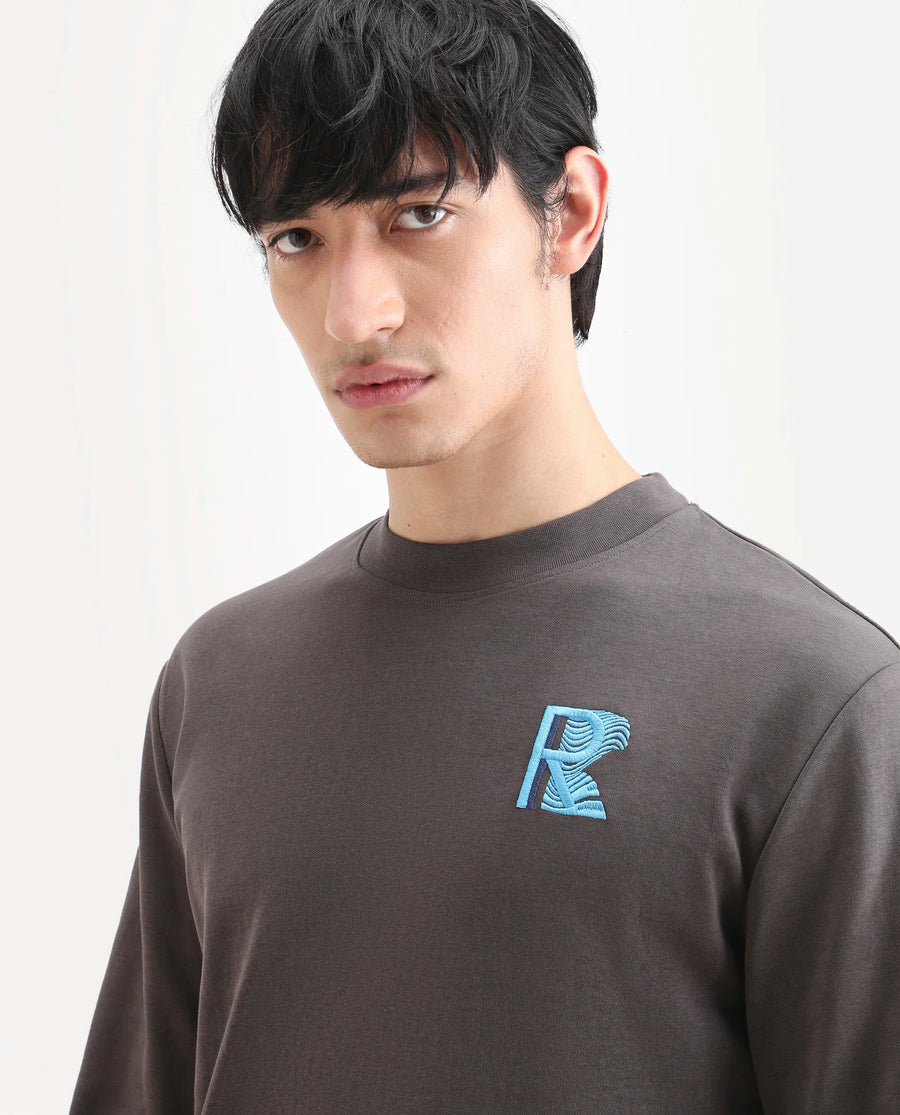 Rare Rabbit Men's Bay Dark Grey Cotton Graphic Print Regular Fit Full Sleeve Crew Neck Sweatshirt