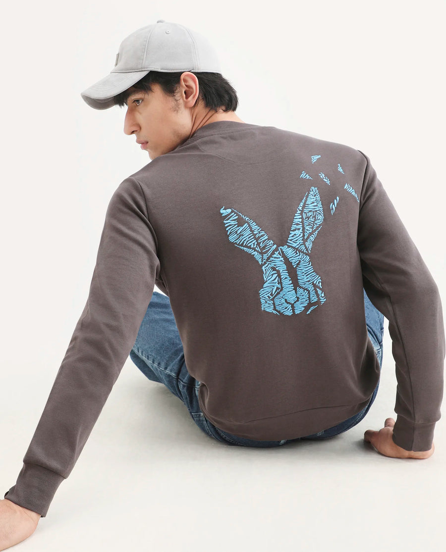 Rare Rabbit Men's Bay Dark Grey Cotton Graphic Print Regular Fit Full Sleeve Crew Neck Sweatshirt
