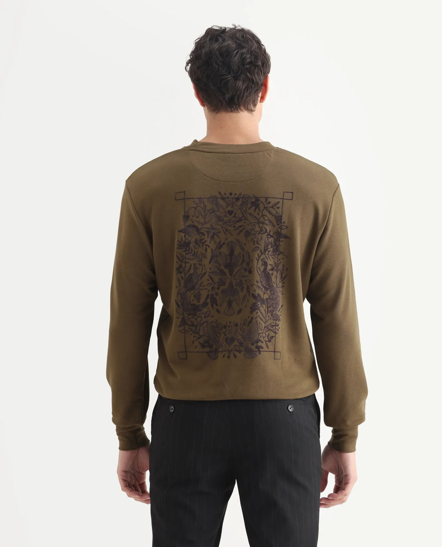 Rare Rabbit Men's Eliyo Rust Cotton Graphic Print Regular Fit Full Sleeve Crew Neck Sweatshirt