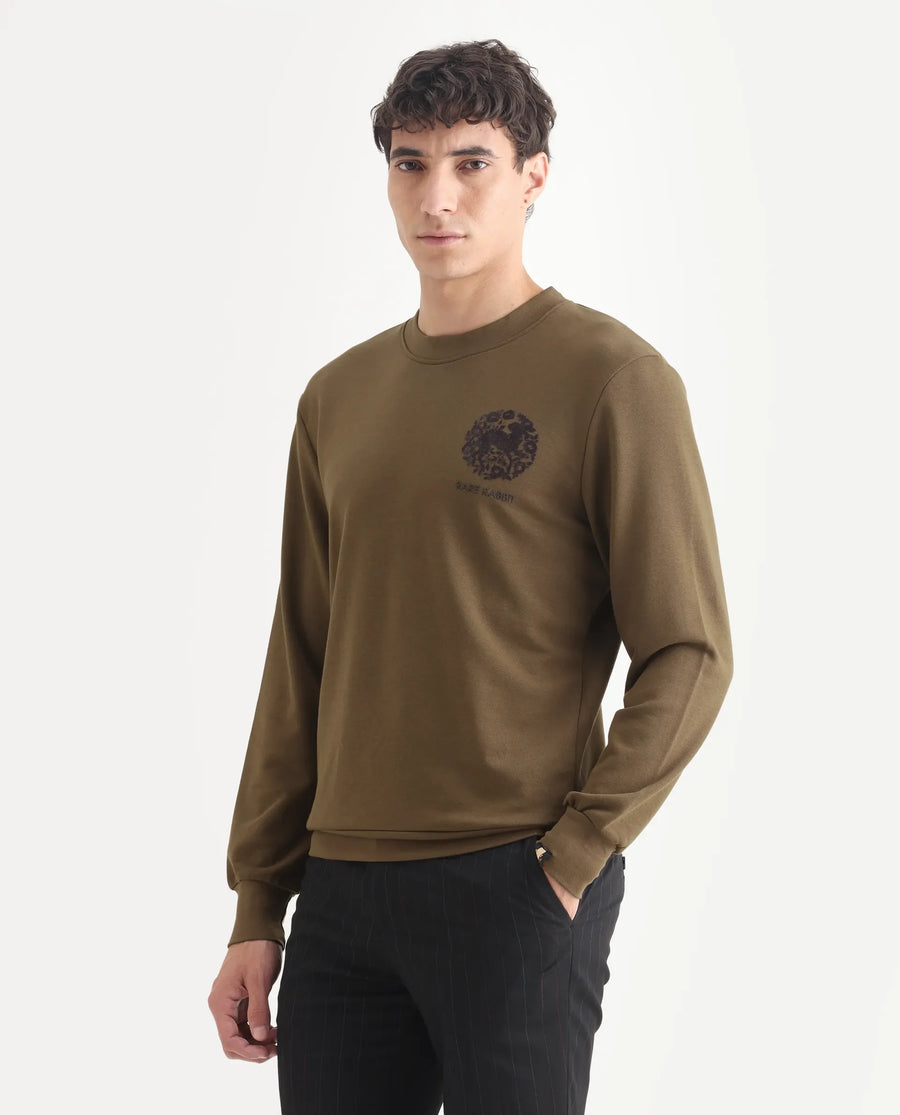 Rare Rabbit Men's Eliyo Rust Cotton Graphic Print Regular Fit Full Sleeve Crew Neck Sweatshirt