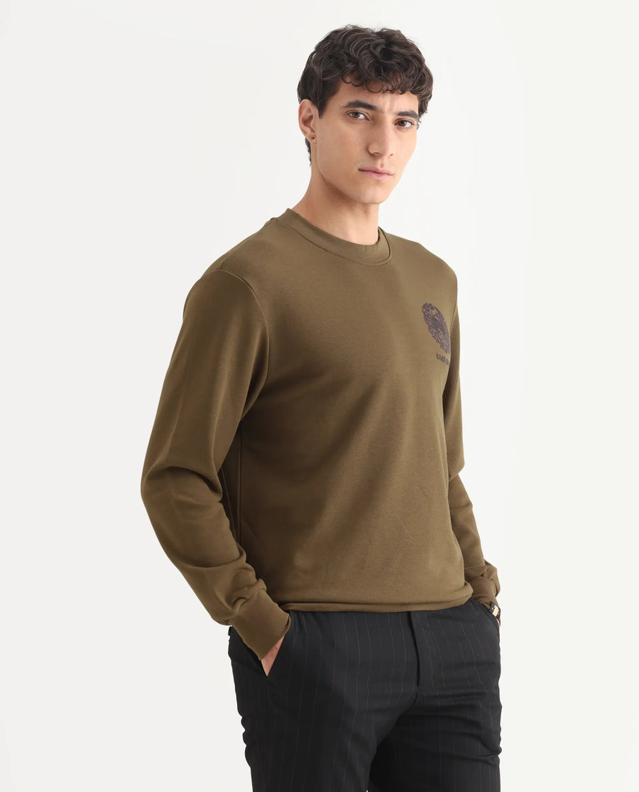 Rare Rabbit Men's Eliyo Rust Cotton Graphic Print Regular Fit Full Sleeve Crew Neck Sweatshirt