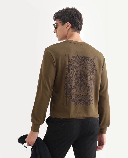 Rare Rabbit Men's Eliyo Rust Cotton Graphic Print Regular Fit Full Sleeve Crew Neck Sweatshirt