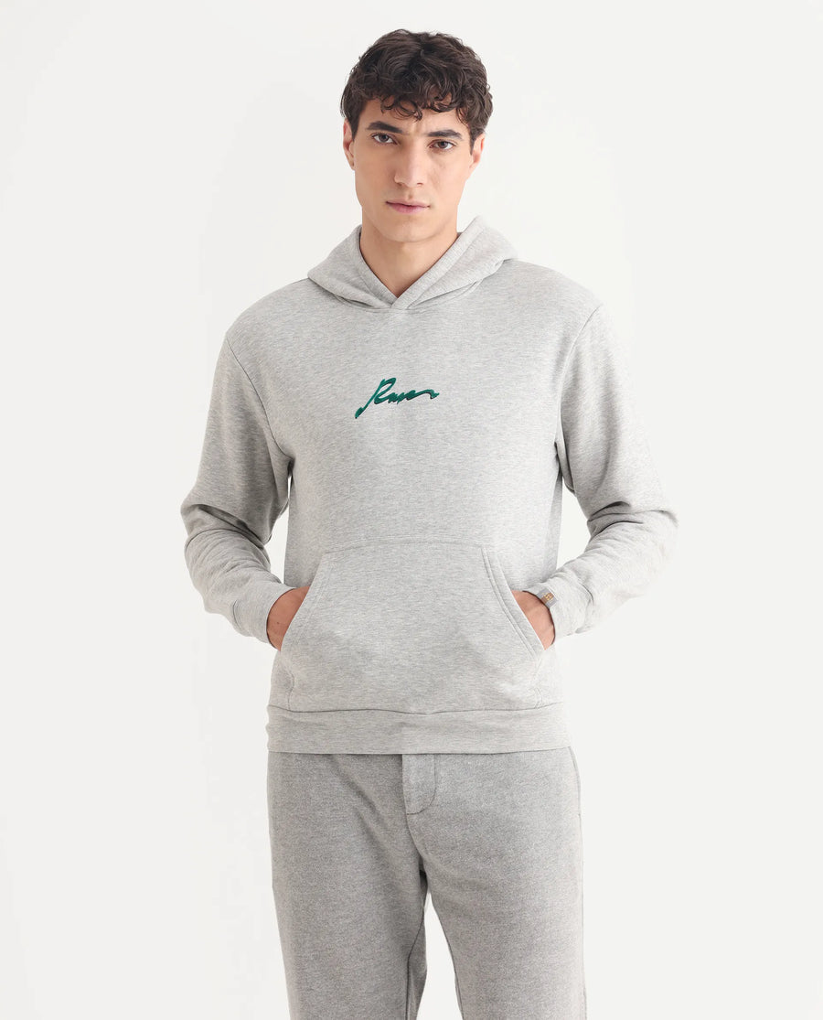 Rare Rabbit Men's Rew-2 Melange Grey Cotton Blend Graphic Print Regular Fit Full Sleeve Hooded Sweatshirt