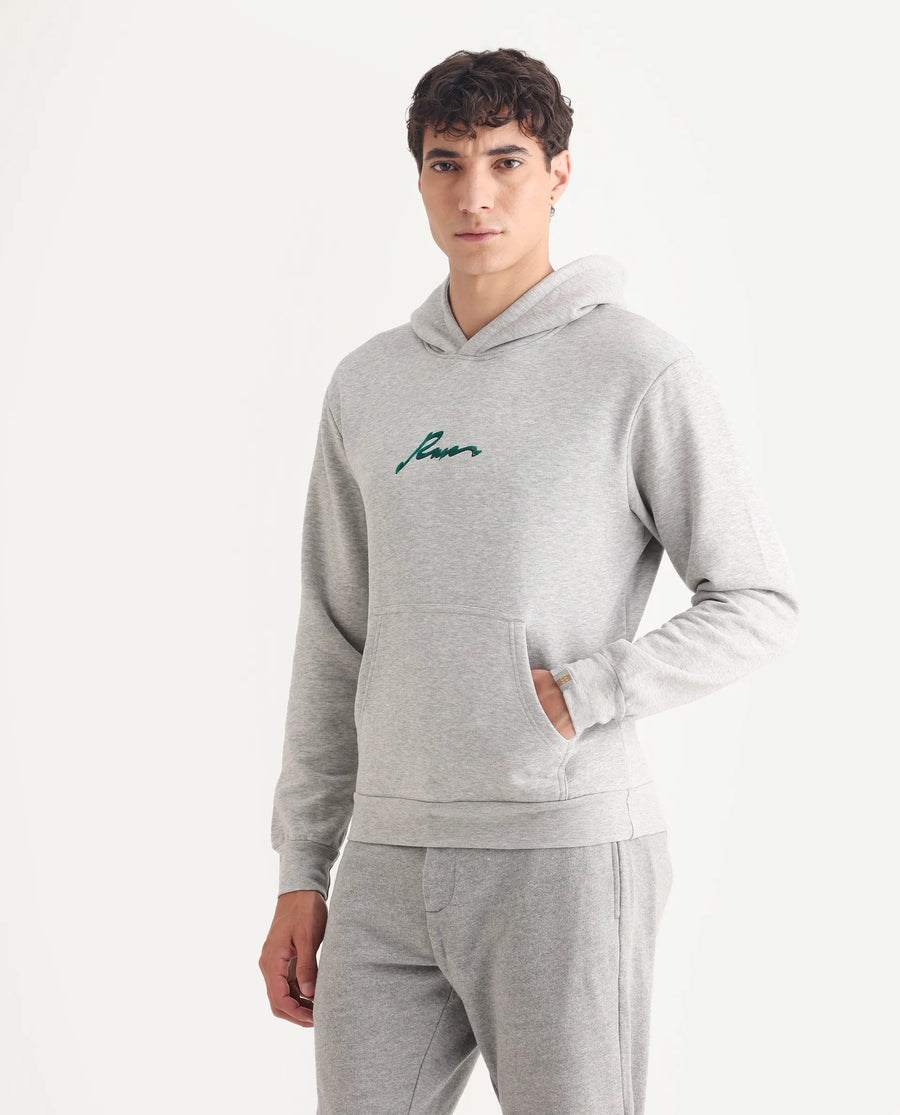 Rare Rabbit Men's Rew-2 Melange Grey Cotton Blend Graphic Print Regular Fit Full Sleeve Hooded Sweatshirt