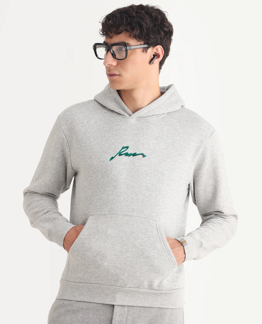 Rare Rabbit Men's Rew-2 Melange Grey Cotton Blend Graphic Print Regular Fit Full Sleeve Hooded Sweatshirt