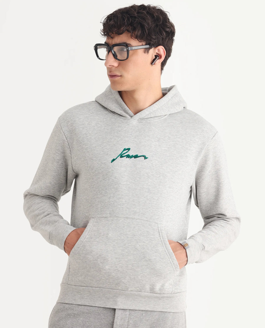 Rare Rabbit Men's Rew-2 Melange Grey Cotton Blend Graphic Print Regular Fit Full Sleeve Hooded Sweatshirt