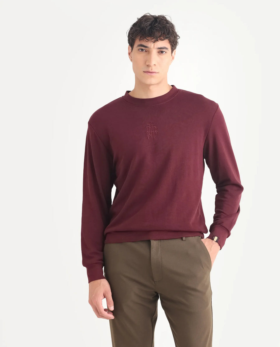 Rare Rabbit Men's Wares Maroon Lurex Embroidered Regular Fit Full Sleeve Crew Neck Sweatshirt