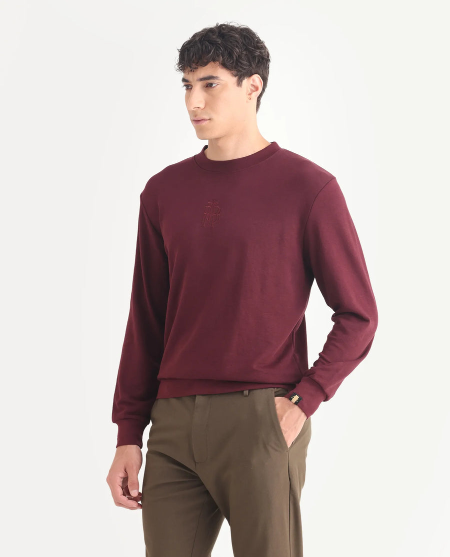 Rare Rabbit Men's Wares Maroon Lurex Embroidered Regular Fit Full Sleeve Crew Neck Sweatshirt