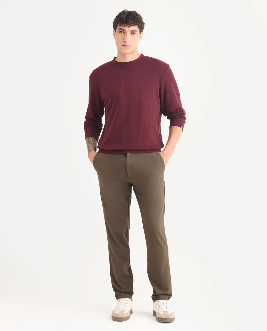 Rare Rabbit Men's Wares Maroon Lurex Embroidered Regular Fit Full Sleeve Crew Neck Sweatshirt