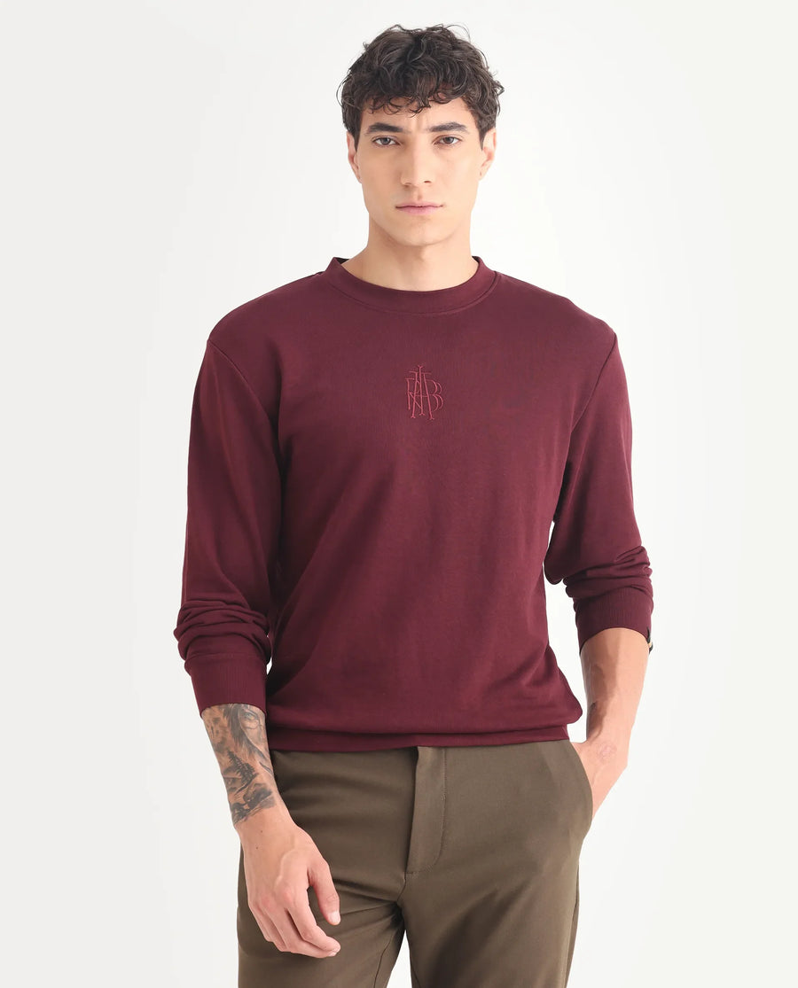 Rare Rabbit Men's Wares Maroon Lurex Embroidered Regular Fit Full Sleeve Crew Neck Sweatshirt