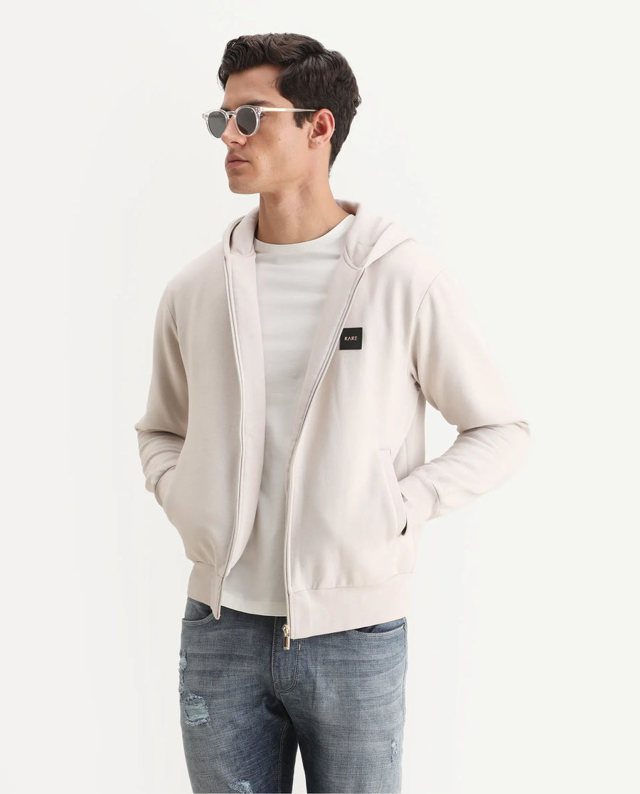 Rare Rabbit Men's Anderson-2 Off White Cotton Brand Logo Print Regular Fit Full Sleeve Hooded Sweatshirt