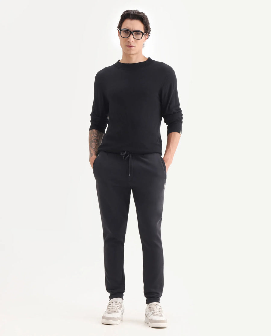 Rare Rabbit Men's Ander Black Cotton Plain Regular Fit Joggers