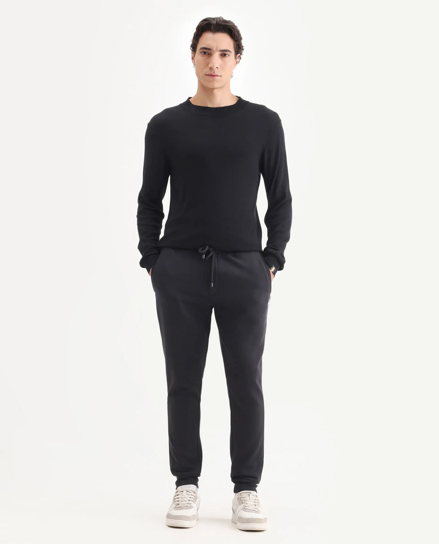 Rare Rabbit Men's Ander Black Cotton Plain Regular Fit Joggers