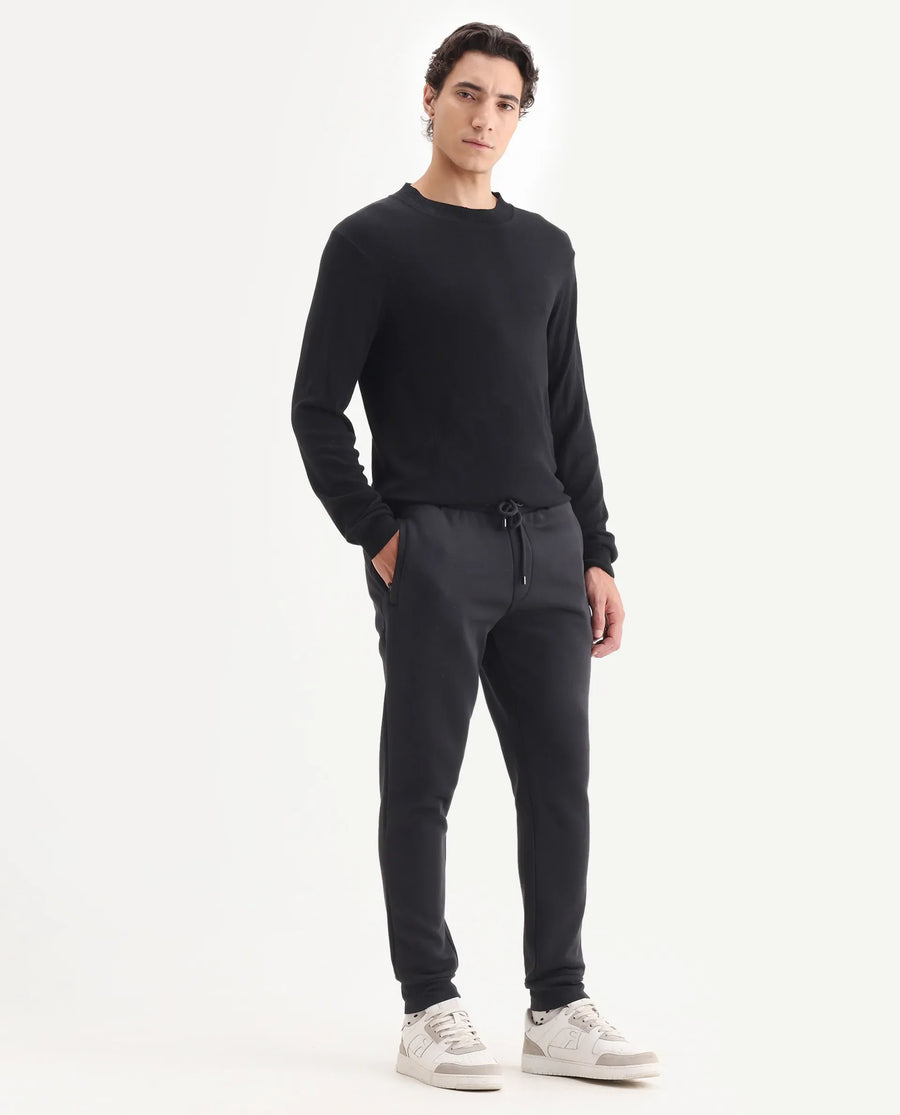 Rare Rabbit Men's Ander Black Cotton Plain Regular Fit Joggers