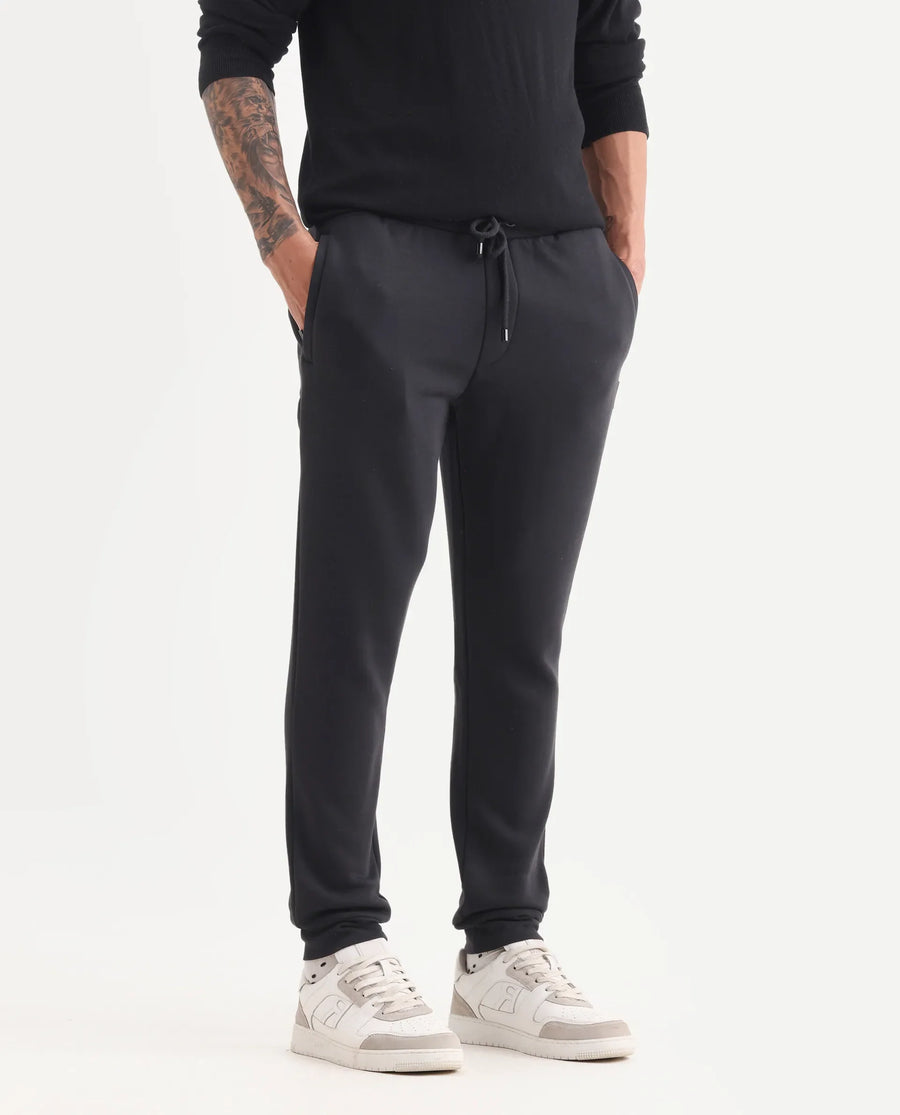 Rare Rabbit Men's Ander Black Cotton Plain Regular Fit Joggers