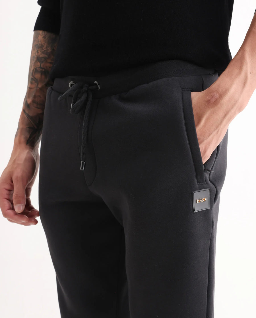 Rare Rabbit Men's Ander Black Cotton Plain Regular Fit Joggers