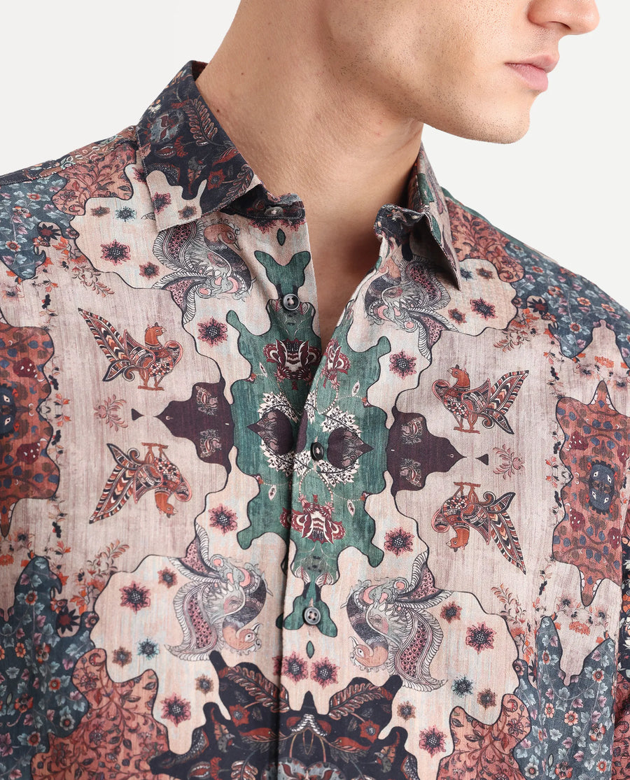Rare Rabbit Men's Troco Ss Brown Cotton Blend Decorative Print Boxy Fit Half Sleeve Collared Shirt