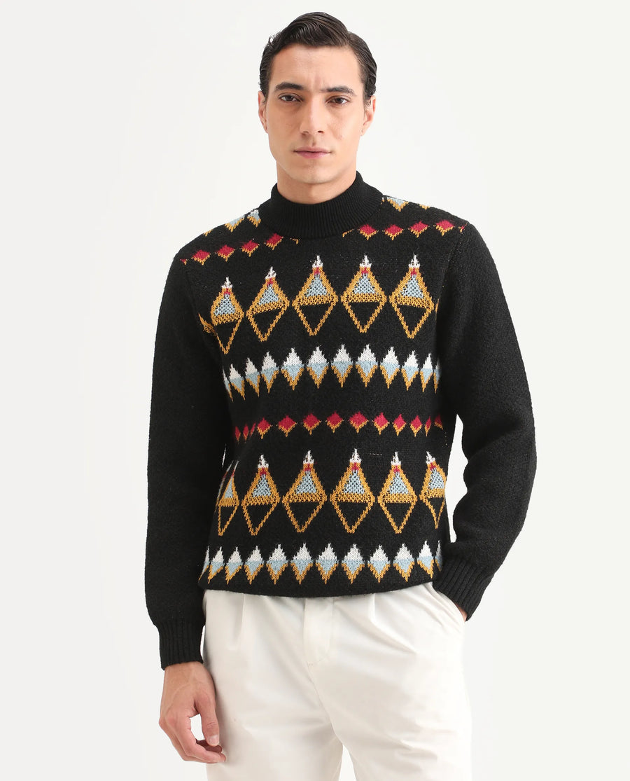 Rare Rabbit Men's Gaze Black Polyester Geometric Print Regular Fit Full Sleeve Crew Neck Sweater