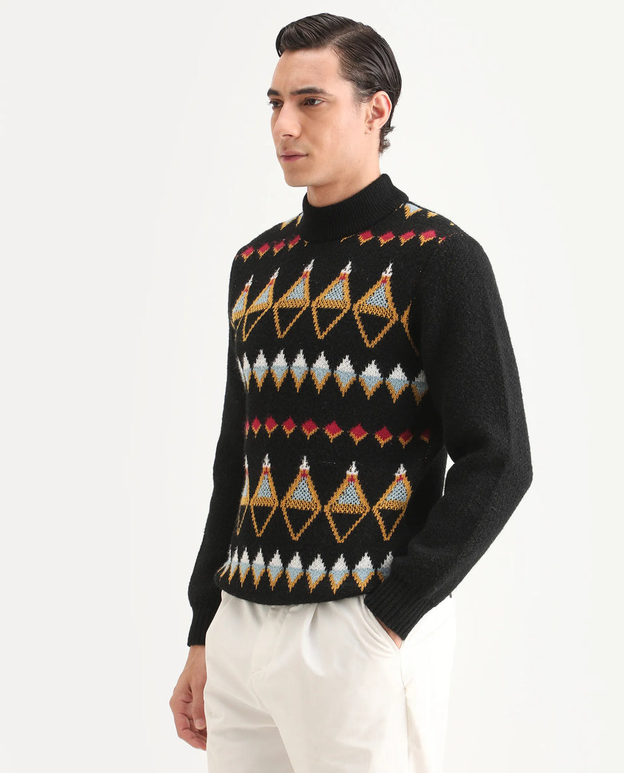 Rare Rabbit Men's Gaze Black Polyester Geometric Print Regular Fit Full Sleeve Crew Neck Sweater