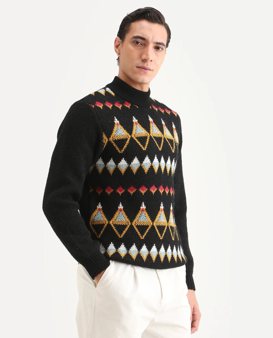 Rare Rabbit Men's Gaze Black Polyester Geometric Print Regular Fit Full Sleeve Crew Neck Sweater